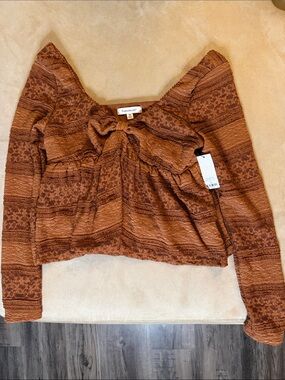 Francesca's Collections Rust Brown Knit Tie-Front Long Sleeve Top